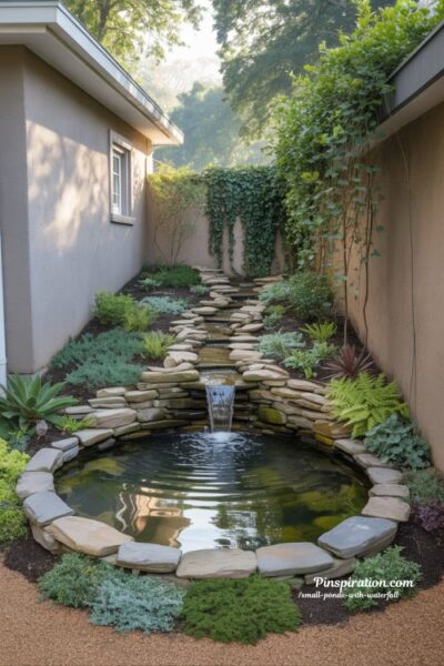 Compact corner waterfall small pond hidden backyard garden idea for small spaces