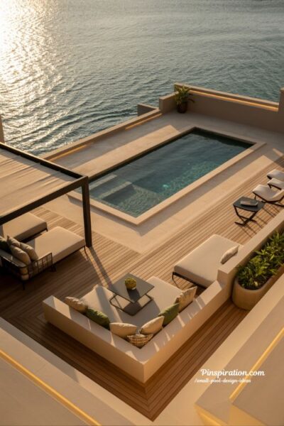 Compact luxury pool design with lounge focus and modern backyard retreat styling for small elegant outdoor living spaces