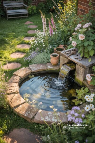 Cottage garden small pond with waterfall soft romantic backyard retreat
