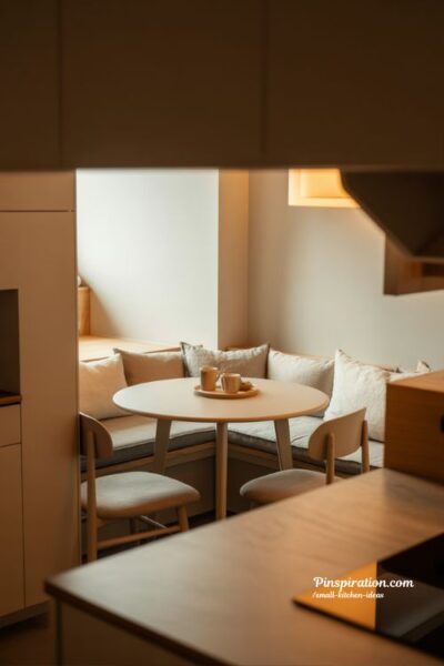 Cozy dining nook in small kitchen corner with warm lighting and minimalist Scandinavian design