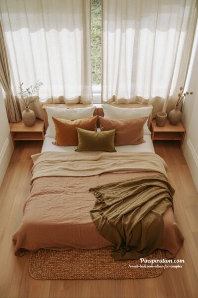 Cozy earth tone small bedroom ideas for couples with warm brown green colors and natural wood decor