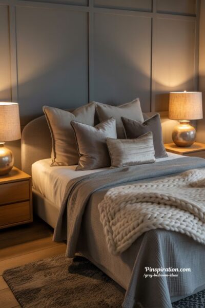Cozy grey bedroom ideas with layered bedding warm lights and soft textures