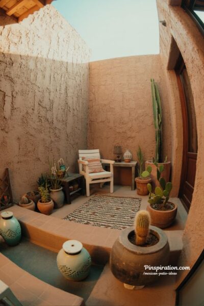 Cozy small backyard Mexican patio ideas with cactus plants woven textures and warm rustic charm