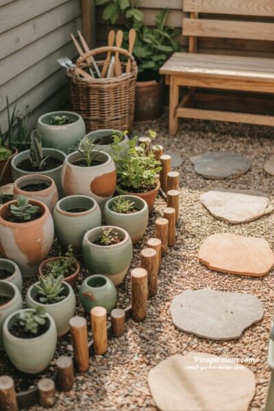 Creative small garden design ideas with DIY handmade touches like painted pots and natural plant markers
