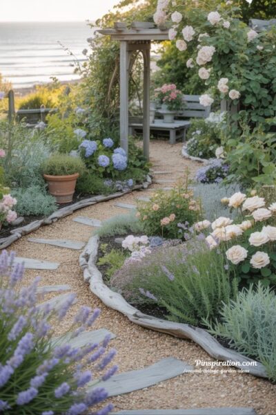 Curved cottage garden pathway in a coastal seaside garden with soft charm