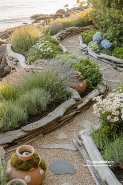 Driftwood garden borders in a coastal cottage garden with natural charm