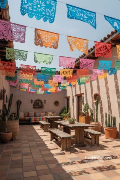 Festive papel picado Mexican patio ideas with colorful banners and vibrant courtyard celebration decor