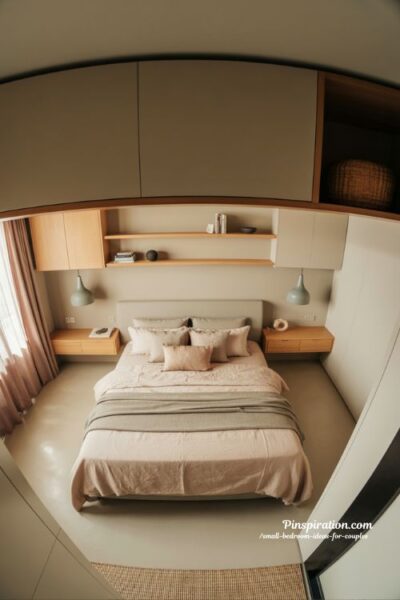 Floating furniture small bedroom ideas for couples with wall mounted nightstands and clean modern open design
