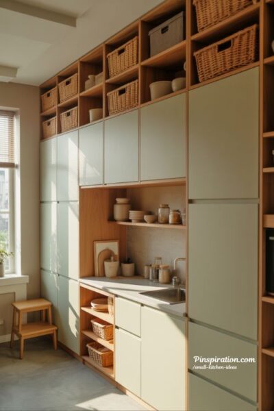 Floor-to-ceiling storage solutions in a small kitchen with smart vertical design and airy minimal style