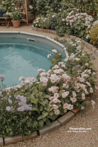 Flower border above ground pool design with soft blooms and natural colorful backyard landscape styling
