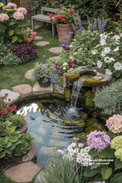 Flower integrated small pond with waterfall colorful backyard garden retreat