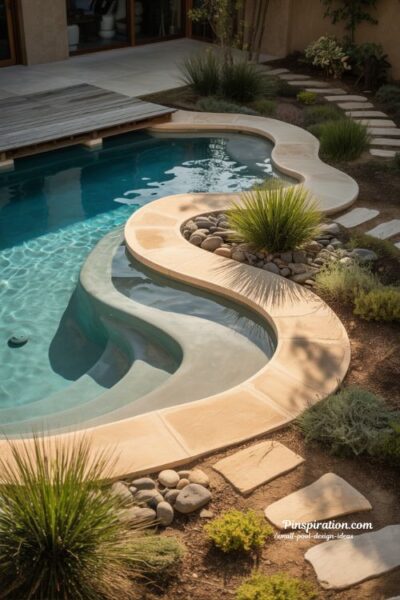 Freeform curved backyard pool design that softens small spaces with natural organic water flow and landscape harmony