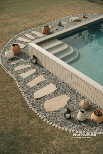 Gravel border above ground pool design with natural textures and calm modern backyard landscape styling