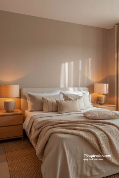 Greige bedroom ideas with warm tones wood accents and soft cozy lighting