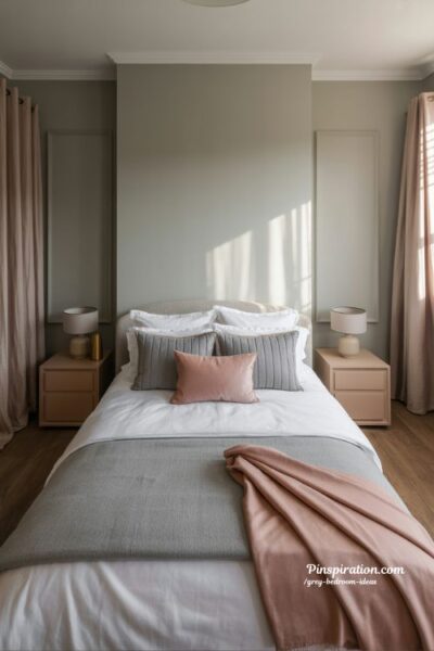 Grey bedroom ideas with blush pink accents soft decor and cozy elegant style