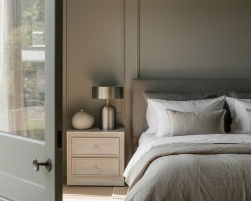 Grey bedroom ideas with soft textures and warm natural light