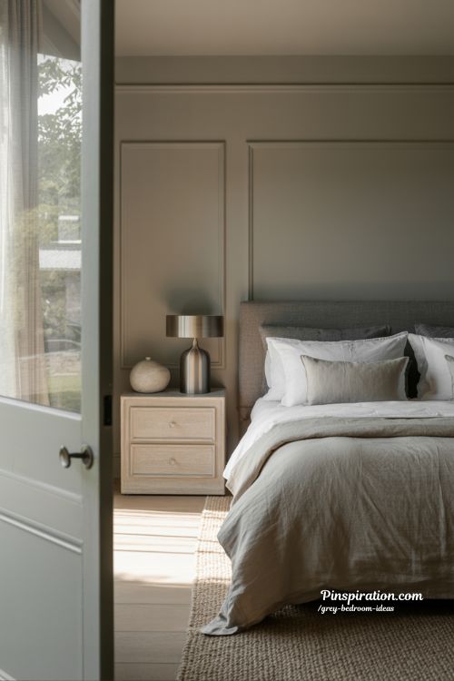 Grey bedroom ideas with soft textures and warm natural light
