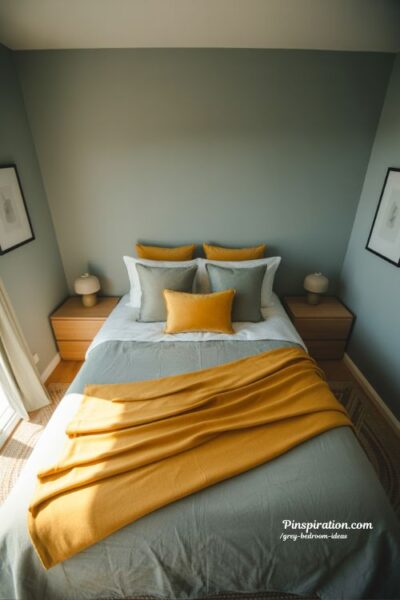 Grey bedroom ideas with yellow accents mustard decor and soft modern style