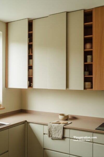 Hidden storage small kitchen ideas with clean counters and minimalist organized design
