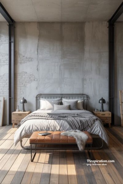 Industrial grey bedroom ideas with concrete walls metal accents and cozy textures