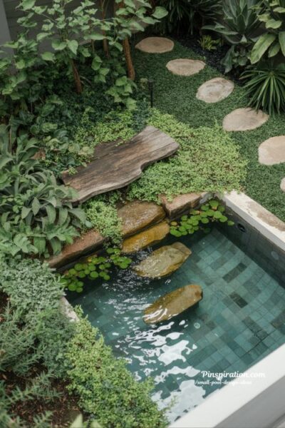 Integrated garden pool design with natural flow and lush greenery blending water and landscape for organic small backyard retreat