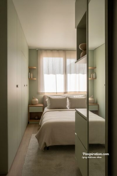 Light grey bedroom ideas for small spaces with mirrors and airy decor
