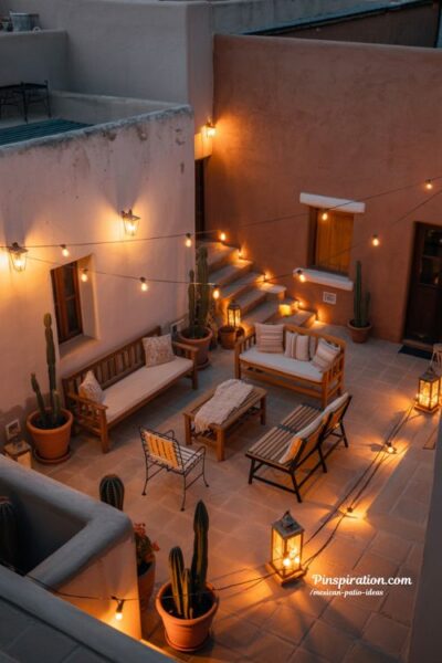 Magical lighting Mexican patio ideas with warm string lights and cozy evening courtyard glow