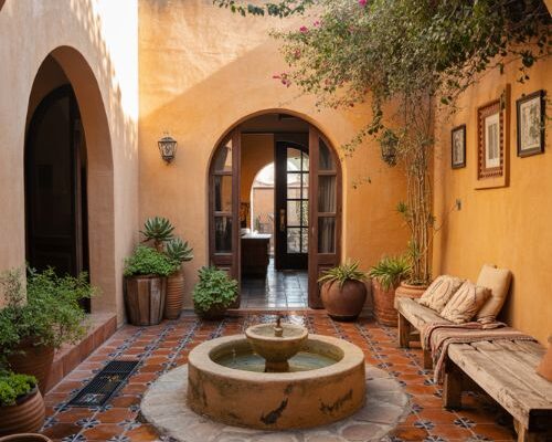Mexican patio ideas with colorful tiles terracotta textures and warm rustic courtyard charm