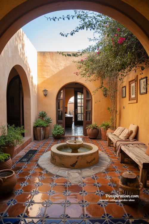 Mexican patio ideas with colorful tiles terracotta textures and warm rustic courtyard charm
