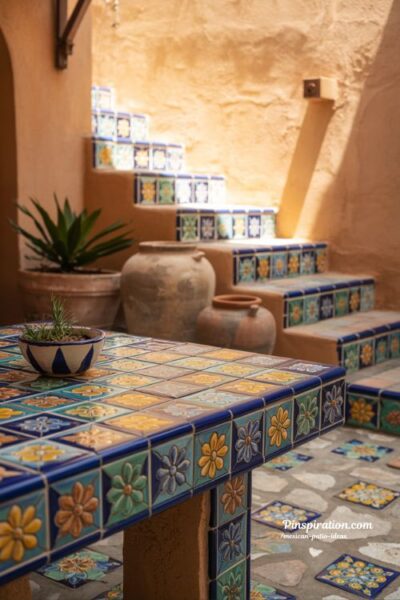Mexican patio ideas with vibrant talavera tile accents and warm handcrafted courtyard textures