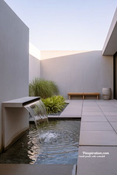 Mini modern spillway small pond with waterfall in minimalist backyard garden
