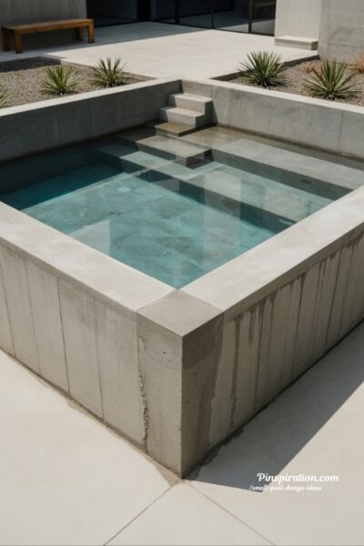 Minimal concrete pool design with clean lines and modern timeless small backyard aesthetic with uncluttered architectural style