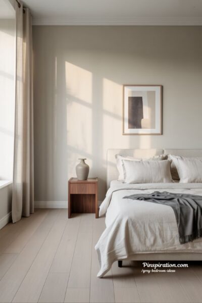 Minimalist grey bedroom ideas with soft light and clean modern decor