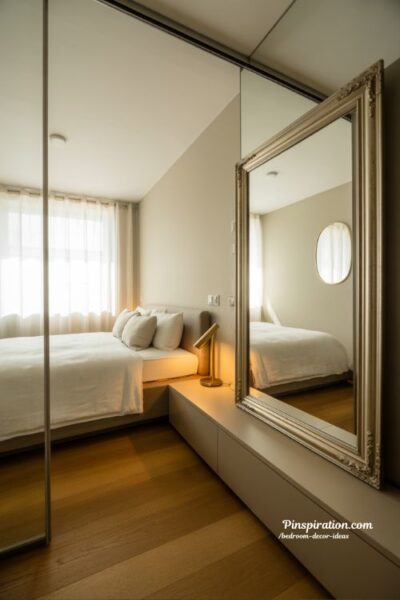 Mirror styling bedroom decor ideas for small rooms with large mirrors and bright spacious feel