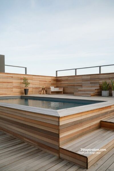 Modern above ground pool design with wood cladding and deck integration for stylish small backyard flexibility