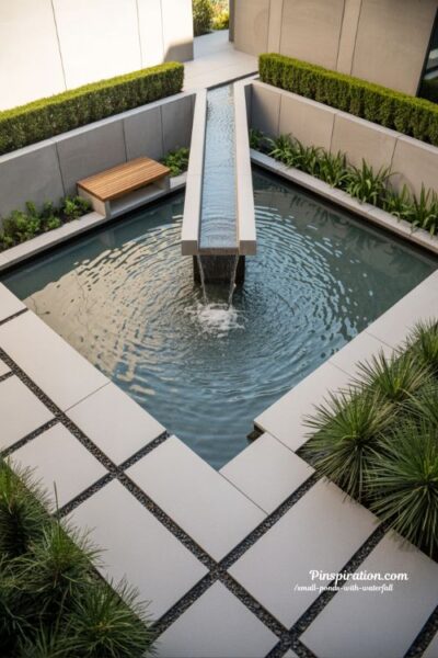 Modern concrete waterfall small pond design for minimalist urban backyard