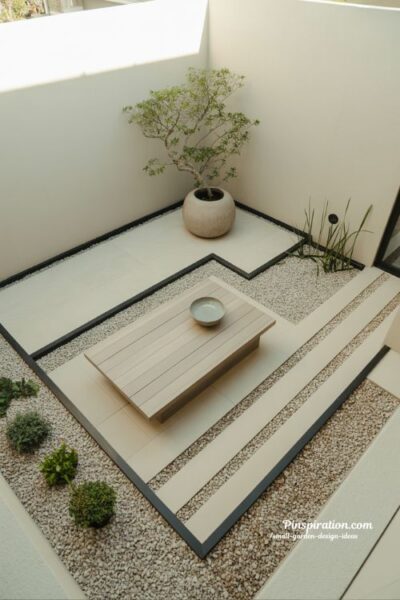 Modern minimalist small garden design ideas with clean lines and a single statement plant feature