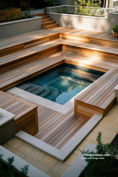 Multi level deck small pool design for visual depth and layered modern backyard architecture with compact luxury feel