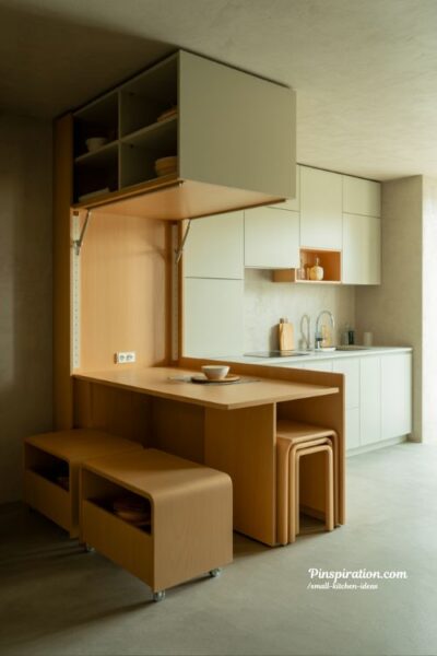 Multifunctional furniture small kitchen ideas with foldable table storage bench and compact space-saving design
