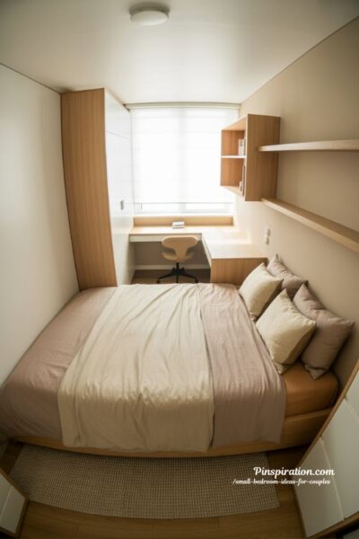 Multifunctional small bedroom ideas for couples with workspace desk and cozy minimalist shared room design