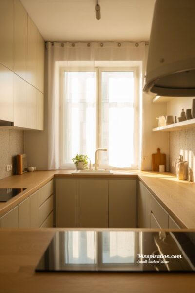 Natural light small kitchen ideas with sheer curtains and bright airy Scandinavian design