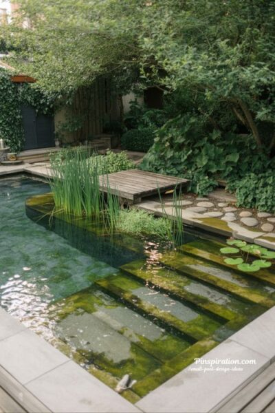 Natural pond style pool design with plants and organic filtration for serene forest inspired small backyard retreat