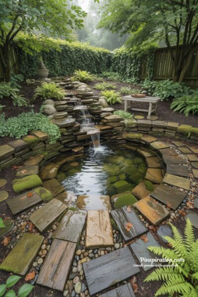 Natural stone cascade small pond with waterfall in woodland backyard garden retreat