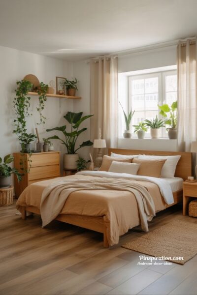Nature inspired bedroom decor ideas with indoor plants and warm earthy textures