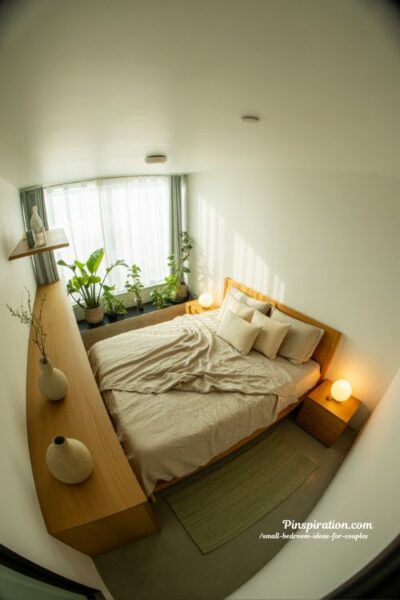 Nature inspired small bedroom ideas for couples with plants natural light and cozy calming minimalist decor