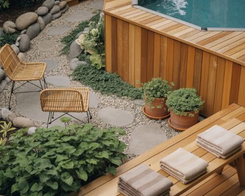Nice above ground pool ideas with natural wood deck and cozy backyard resort style design