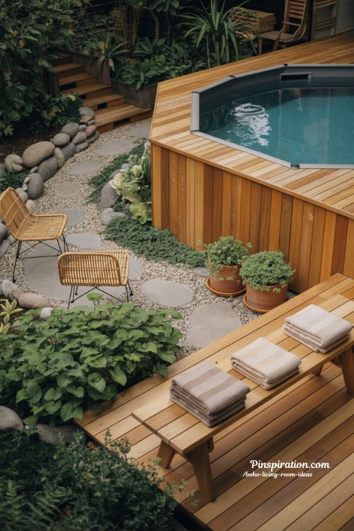 Nice above ground pool ideas with natural wood deck and cozy backyard resort style design