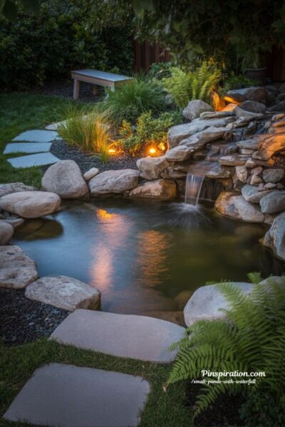 Night lit small pond with waterfall soft warm lighting backyard garden ambiance