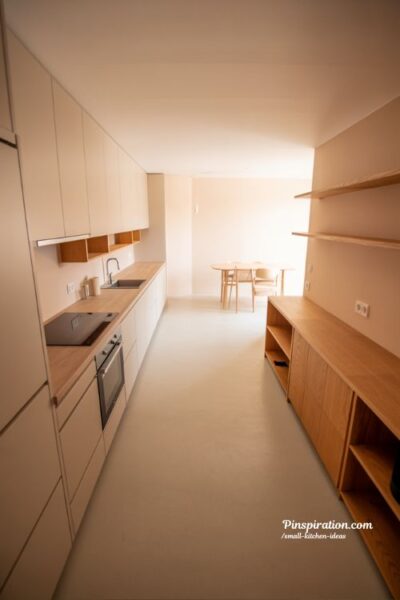 Open layout small kitchen ideas with connected living space and modern airy Scandinavian design