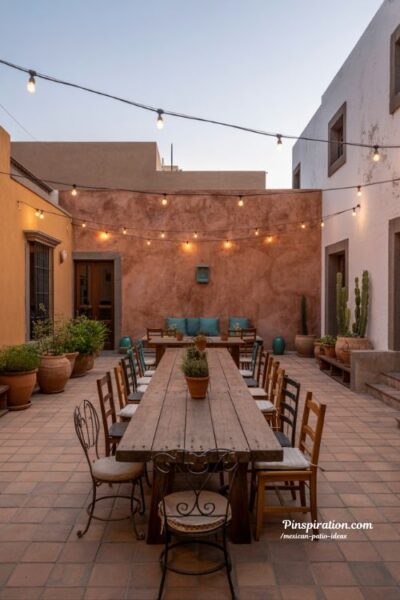 Outdoor dining Mexican patio ideas with rustic table lights and cozy courtyard entertaining style